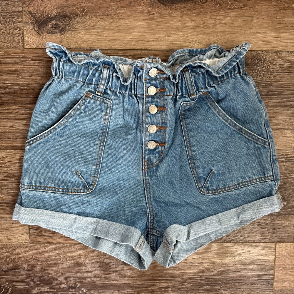 Signature High-Waist Paperbag Waist Denim Shorts, Button Fly, Rolled Hem